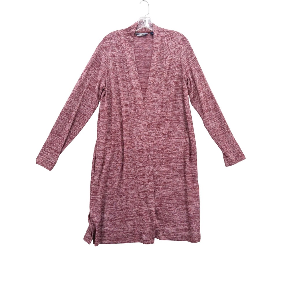 Lands' End Duster Cardigan Open Front Knit Pockets Red Heather Sz L
